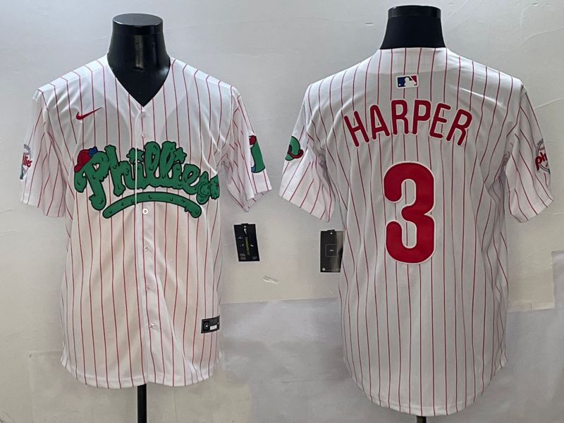 Men Philadelphia Phillies #3 Harper White Stripe Fourth generation Joint Name Nike 2025 MLB Jersey style 1
